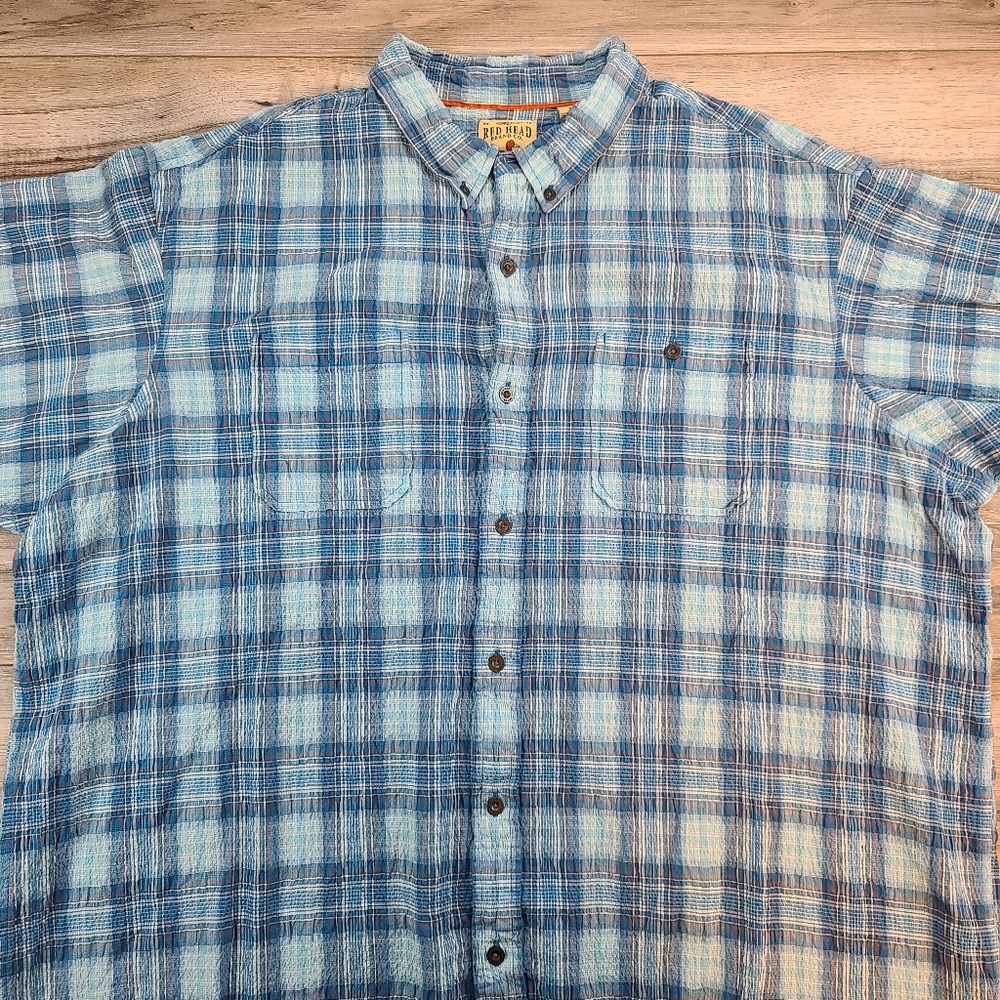 Red Head Mens Short Sleeve Plaid Blue White Button Front Shirt 3XL Double Pocket